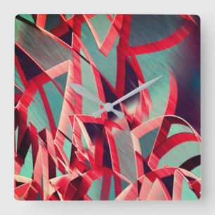 Horloge Carrée Rubans rouges courbés sur gris bleuté, rayés