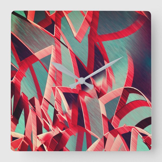 Horloge Carrée Rubans rouges courbés sur gris bleuté, rayés (Recto)