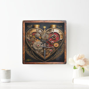 Horloge Carrée Rubis et engrenages Steampunk Cœur sombre