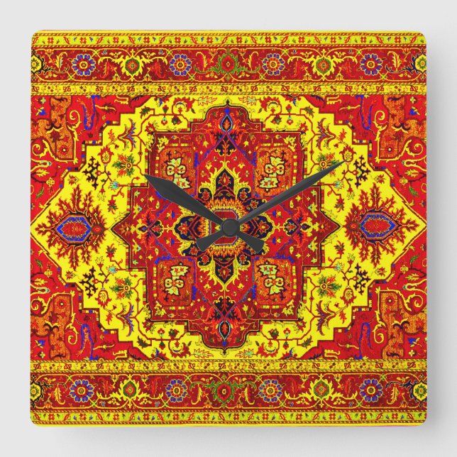 Horloge Carrée RUG PERSIEN - Rouge et Jaune (Recto)