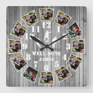 Horloge Carrée Rugby Wooden Effect Personalise Photo Collage Larg