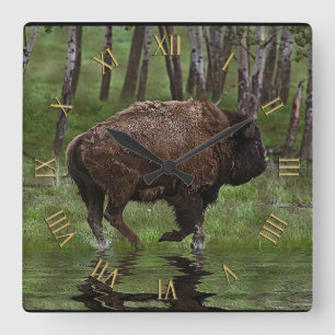 Horloge Carrée Running Buffalo & Forest, Bison-lover's Design