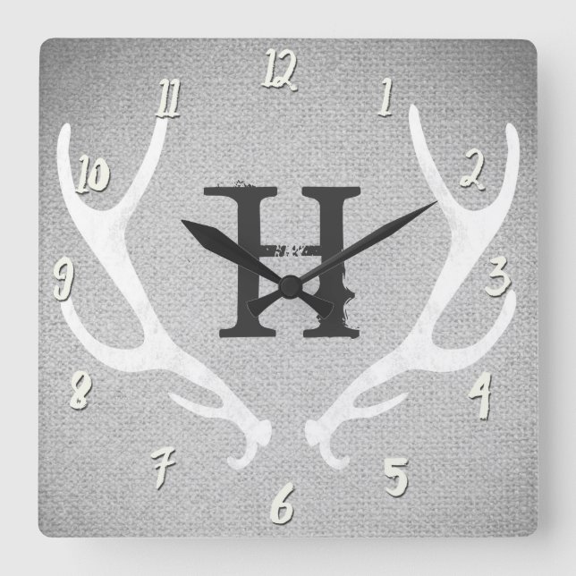 Horloge Carrée Russe Blanc & Gris Cerfs Antlers Burlap Pays (Recto)