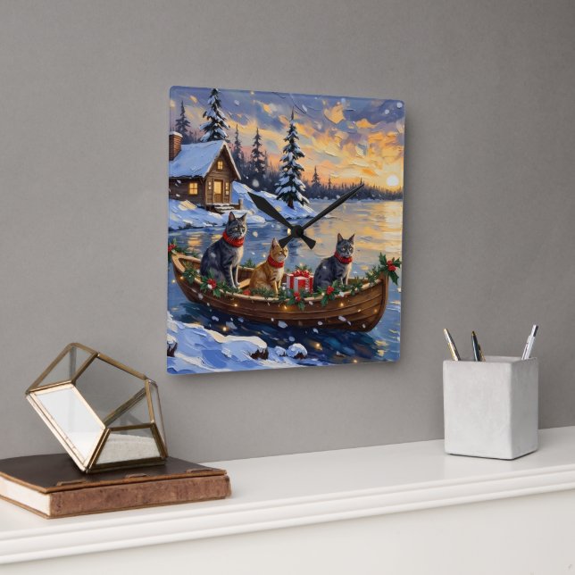 Horloge Carrée Russian Blue Cat Christmas Boat Holiday (Bureau)