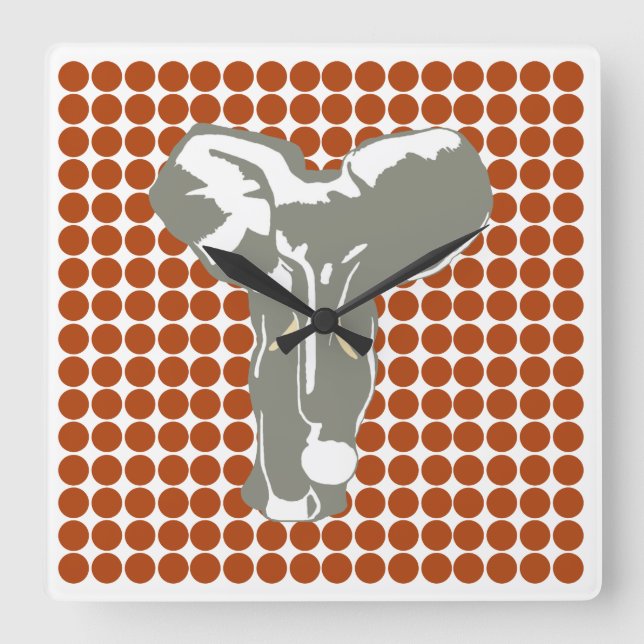 Horloge Carrée Rust Red Safari point avec Pop Art Elephant (Recto)