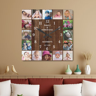 Horloge Carrée Rustic 16 Photo Collage Family Quota Pallet Wood
