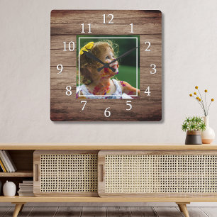 Horloge Carrée Rustic Barn Bois Photo personnalisée