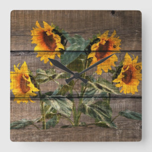 Horloge Carrée Rustic Barn Wood Sunflower