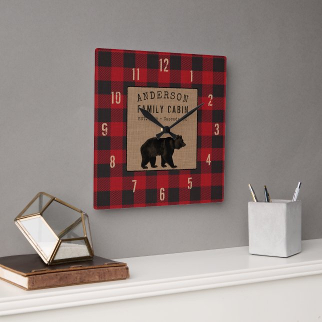 Horloge Carrée Rustic Bear Family Cabine Red Buffalo Plaid Burlap (Bureau)