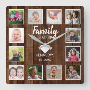 Horloge Carrée Rustic Brown Wood 12 Photo Collage Family Quote