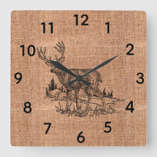 Horloge Carrée Rustic Burlap and Pencil Sketch Buck