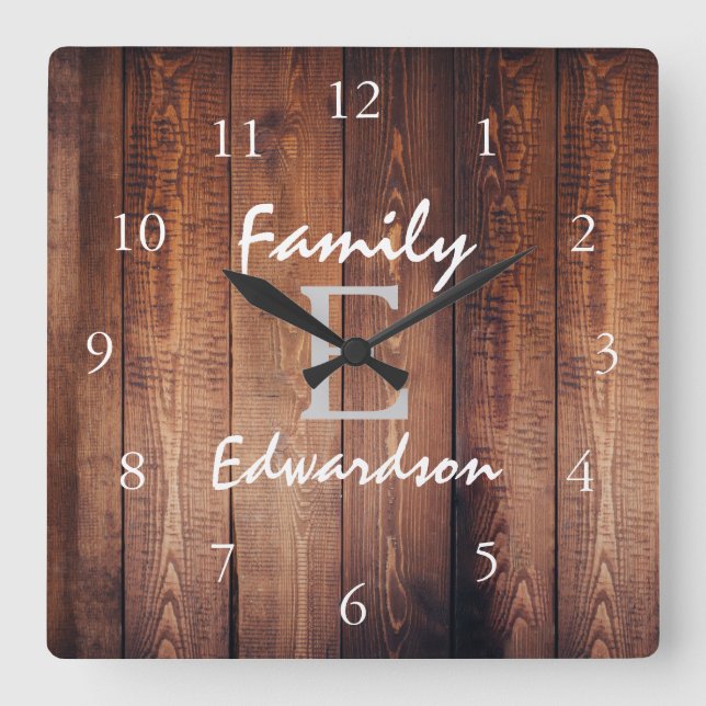 Horloge Carrée Rustic dark barn wood monogram (Recto)