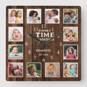 Horloge Carrée Rustic Dark Wood 12 Photo Collage Temps familial
