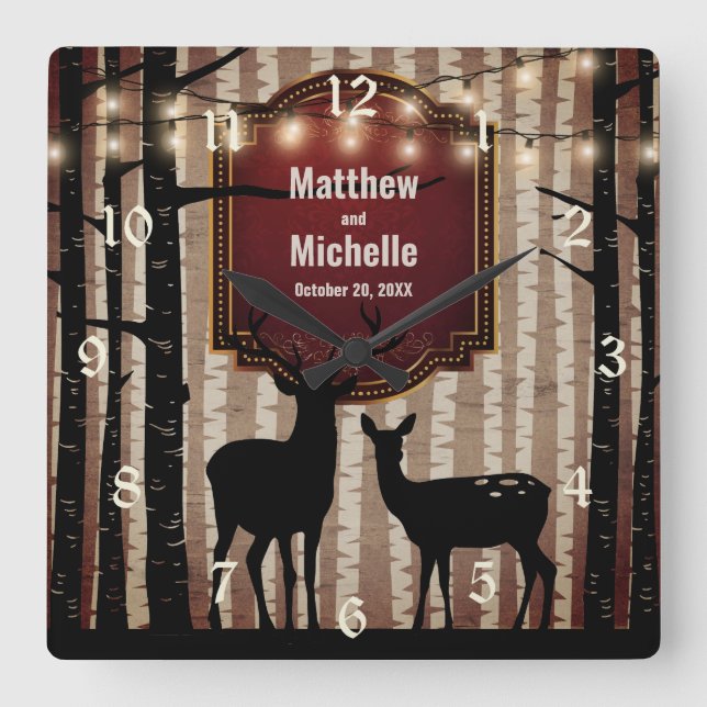 Horloge Carrée Rustic Deer and Aspen Trees Wedding ou Anniversary (Recto)