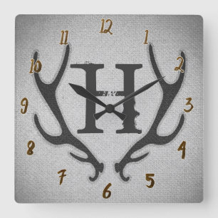 Horloge Carrée Rustic Deer Antlers Grey Faux Burlap Texture