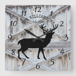 Horloge Carrée Rustic Family Name Wood Cabin Deer Buck Large Cloc