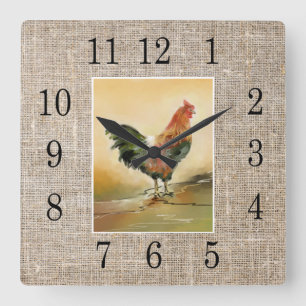 Horloge Carrée Rustic Farmhouse Country Rooster Burlap
