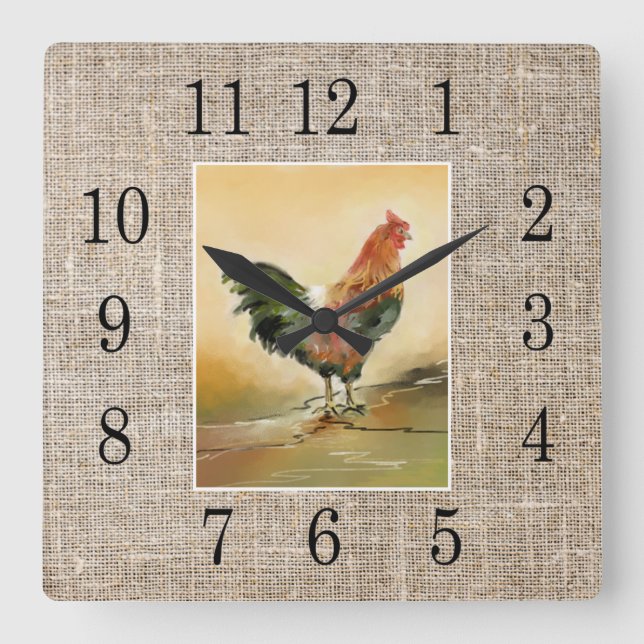 Horloge Carrée Rustic Farmhouse Country Rooster Burlap (Recto)