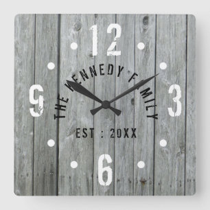 Horloge Carrée Rustic Farmhouse Family Nom Gray Wood