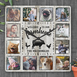 Horloge Carrée Rustic Farmhouse Wood Cow 12 Family Photo Collage