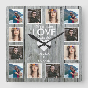 Horloge Carrée Rustic Grey Wood 12 Photo Collage Anniversaire Amo