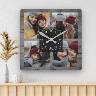 Horloge Carrée Rustic Grey Wood 4 Pictures Family