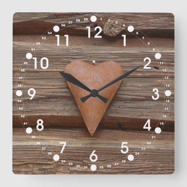 Horloge Carrée Rustic Old Heart on Log Cabin Wood (Recto)