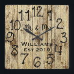Horloge Carrée Rustic Personalized Brown Wood Custom<br><div class="desc">Beautiful, unique, one-of-a-kind personalized design features a faux-rustic brown wood with black personalization his and her names in a script font overlay design and the last name and year established in a bold script with a printed wood effect background. Personalize this clock by adding your personal information. Makes a great...</div>