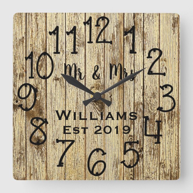Horloge Carrée Rustic Personalized Brown Wood Custom (Recto)