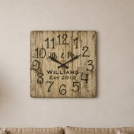 Horloge Carrée Rustic Personalized Brown Wood Custom<br><div class="desc">Beautiful, unique, one-of-a-kind personalized design features a faux-rustic brown wood with black personalization his and her names in a script font overlay design and the last name and year established in a bold script with a printed wood effect background. Personalize this clock by adding your personal information. Makes a great...</div>