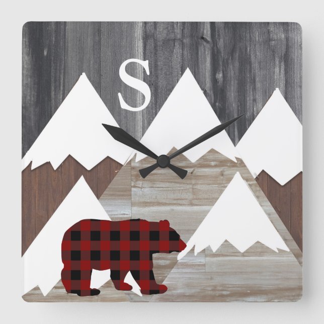 Horloge Carrée Rustic Snowy Mountains Buffalo Check Bear Monogram (Recto)