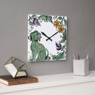 Horloge Carrée Rustic Teal Dog Puppy Floral Folk Style Tile