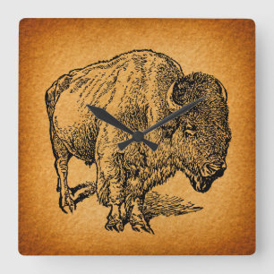 Horloge Carrée Rustic Western Wild Buffalo Bison Antique