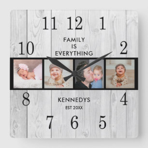 Horloge Carrée Rustic White Wood 4 Photo Collage Family Quota  
