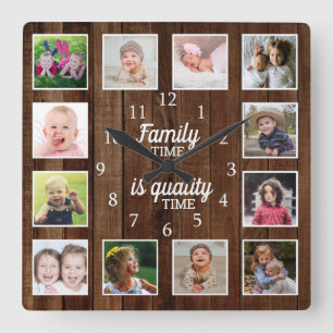 Horloge Carrée Rustic Wood 12 Modèle photo Horaire Famille