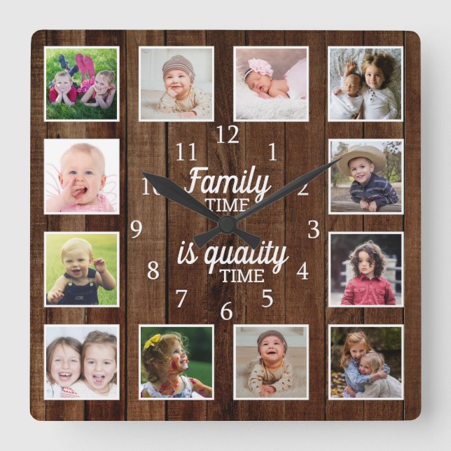 Horloge Carrée Rustic Wood 12 Modèle photo Horaire Famille (Recto)
