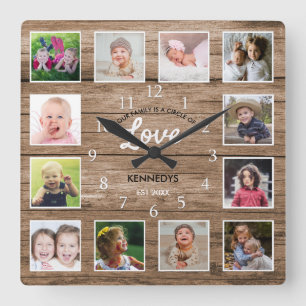 Horloge Carrée Rustic Wood 12 Photo Collage Family Love Citation
