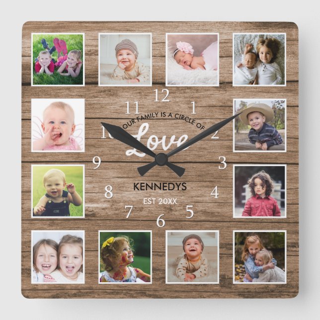 Horloge Carrée Rustic Wood 12 Photo Collage Family Love Citation (Recto)