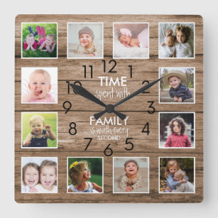 Horloge Carrée Rustic Wood 12 Photo Collage Family Time