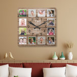 Horloge Carrée Rustic Wood 12 Photo Collage Family Time<br><div class="desc">Rustic wood photo clock with the inspiring family quote "Time spent with family is worth every second". Personalize with 12 of your favorite family pictures.</div>