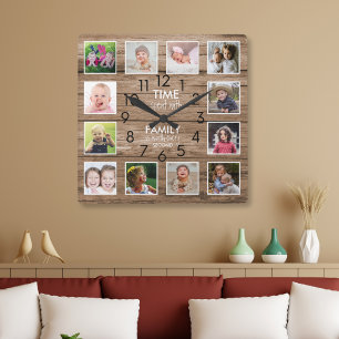 Horloge Carrée Rustic Wood 12 Photo Collage Family Time