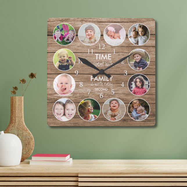 Horloge Carrée Rustic Wood 12 Photo Round Template Family Quote   (Créateur téléchargé)