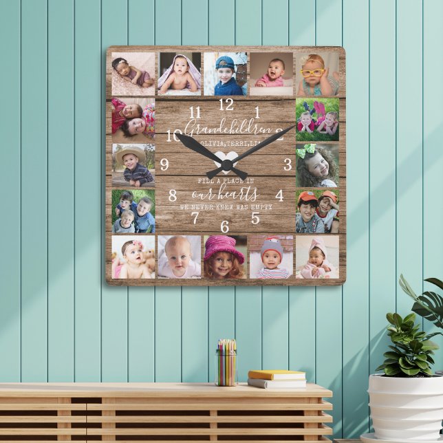 Horloge Carrée Rustic Wood 16 Photo Collage Petits-enfants Citati (Créateur téléchargé)