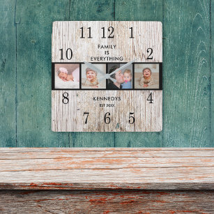 Horloge Carrée Rustic Wood 4 Photo Collage Famille Citation