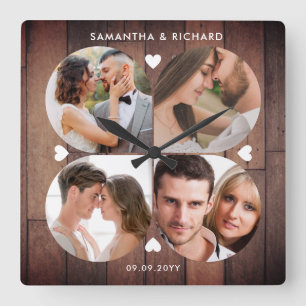 Horloge Carrée  Rustic Wood 4 Photo Collage Mariage Anniversaire