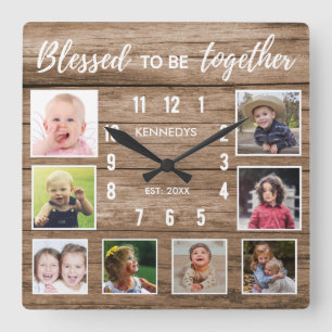 Horloge Carrée Rustic Wood 8 Photo Collage Blessé Famille Citatio