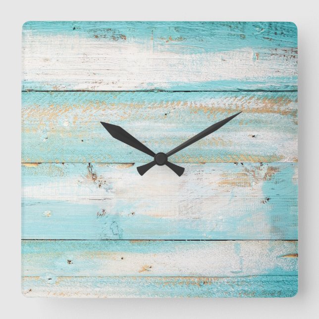 Horloge Carrée Rustic Wood beach teal color clock (Recto)