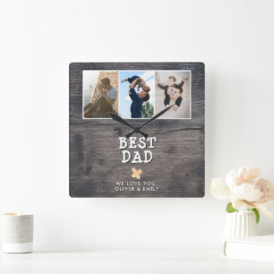 Horloge Carrée Rustic Wood Best Papa 3 Photo Collage Garde-photos