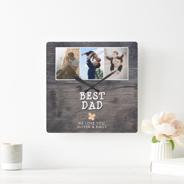 Horloge Carrée Rustic Wood Best Papa 3 Photo Collage Garde-photos (Maison)