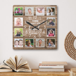 Horloge Carrée Rustic Wood Famille Temps Citation 12 Photo Collag